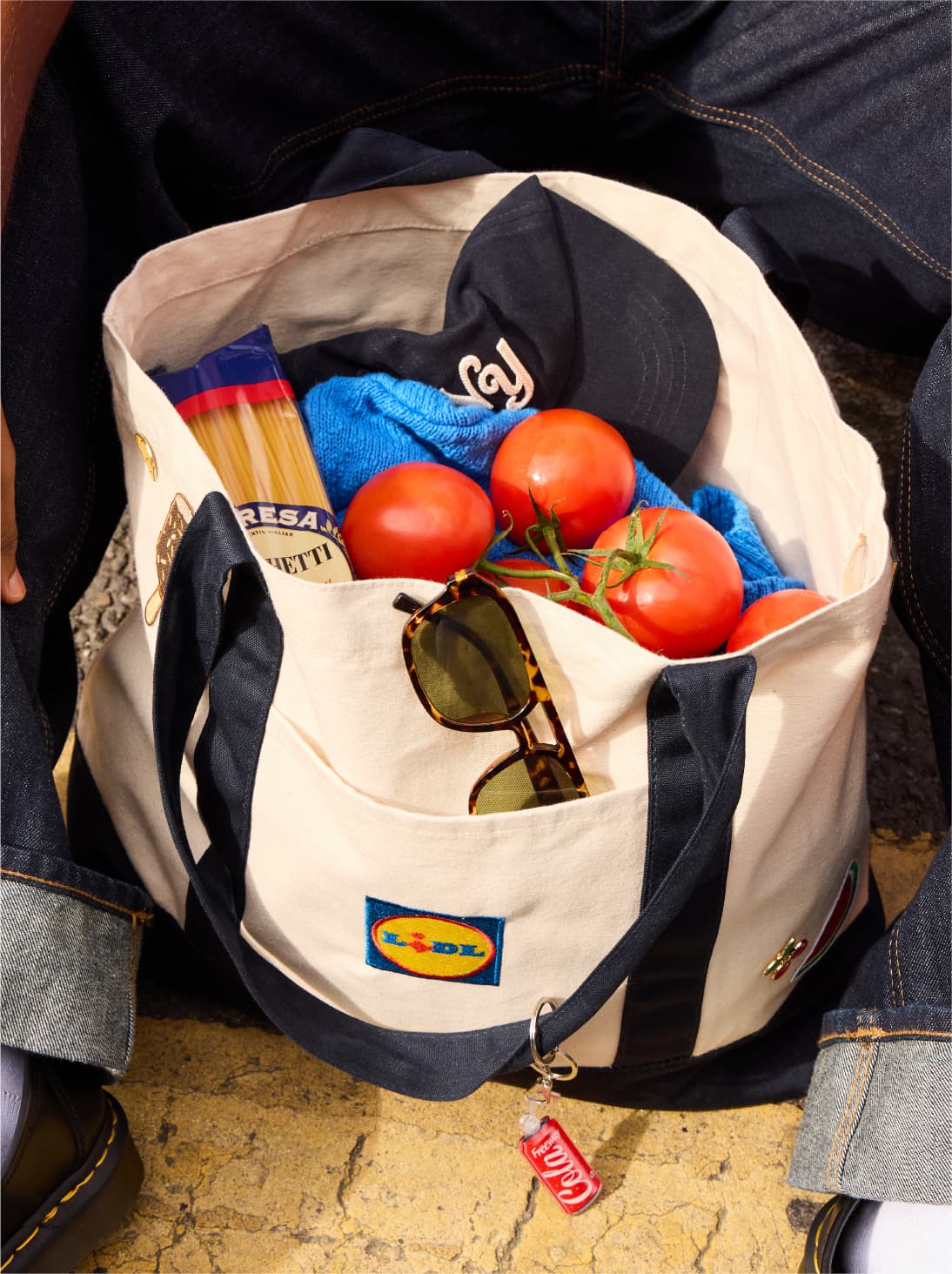 Lidl tote filled with groceries and personalised with accessories
